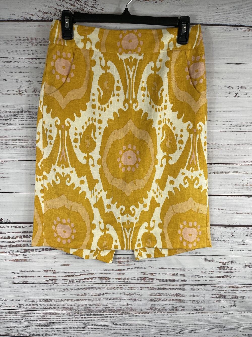 J Crew Shorts Women's 2 Yellow White Ikat Print Linen Mid Rise Pockets Summer